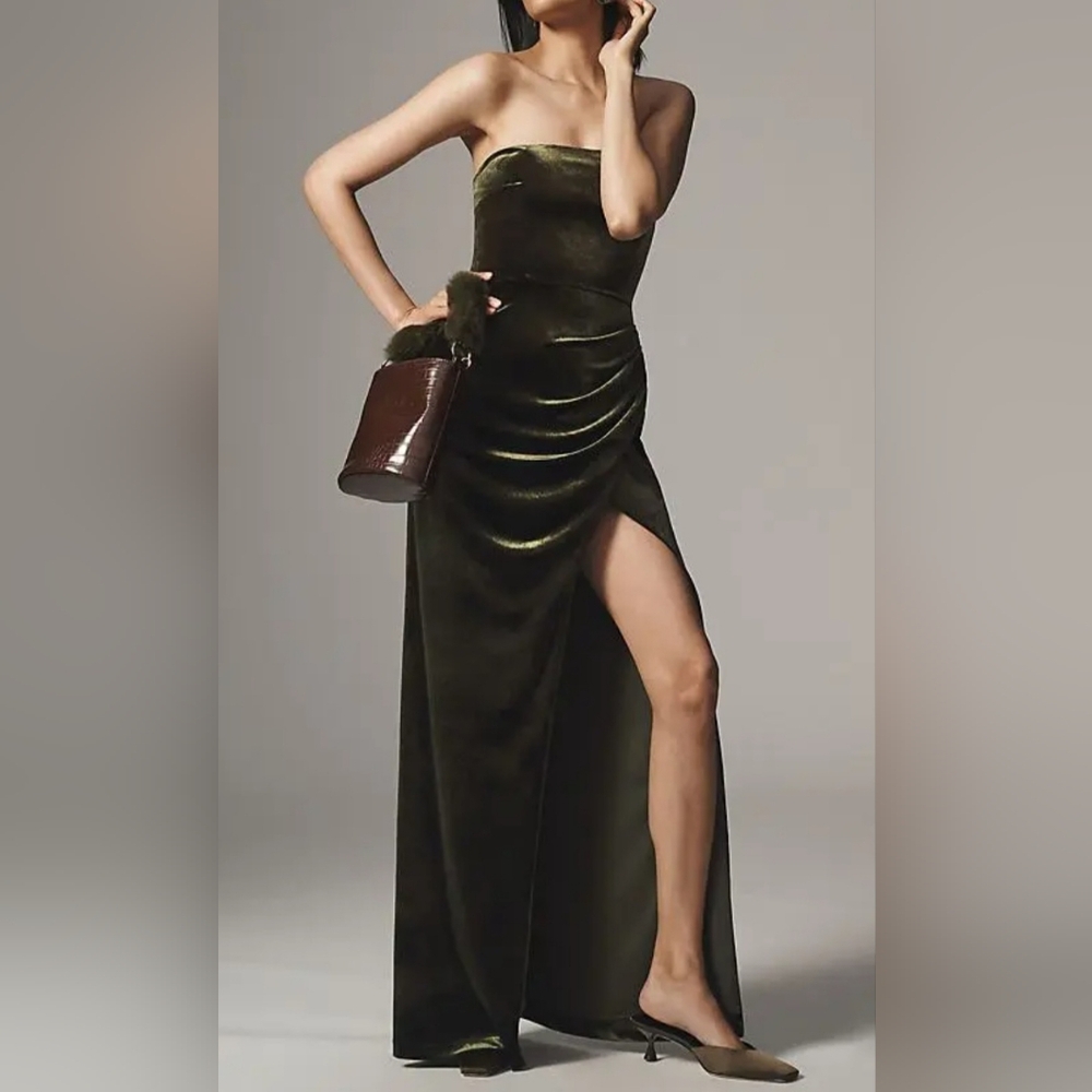 Anthropology  BHLDN  Olive Green Strapless Dress | Size XS